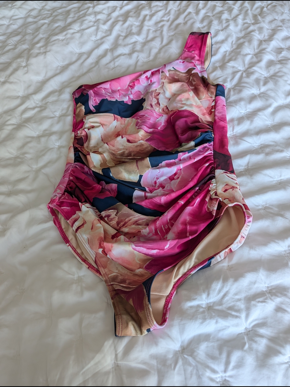Albion One-Shoulder Floral Swim Bodysuit in Pink and Navy